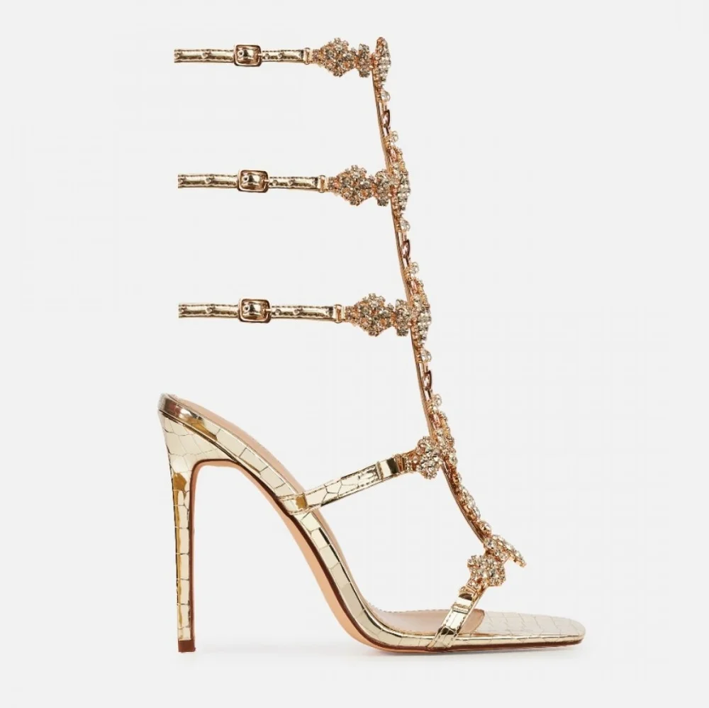 Gold Deluxe Croc Print Diamante Strap Heels - Picture 2 of 4